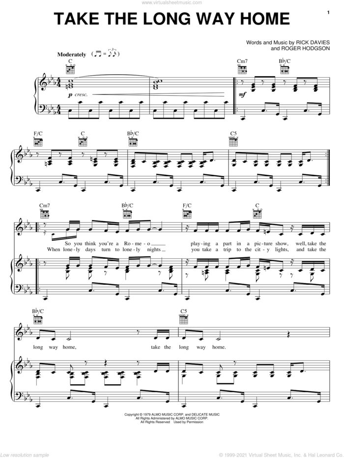 Take The Long Way Home sheet music for voice, piano or guitar by Supertramp, Rick Davies and Roger Hodgson, intermediate skill level