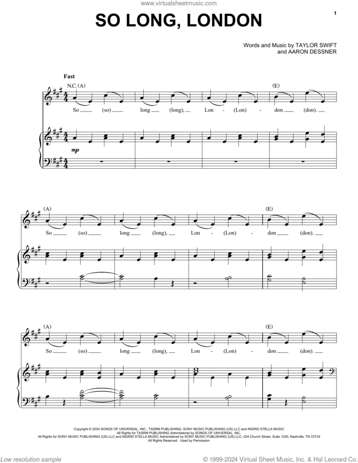 So Long, London sheet music for voice, piano or guitar by Taylor Swift and Aaron Dessner, intermediate skill level