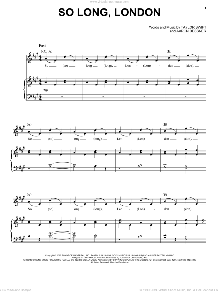 So Long, London sheet music for voice, piano or guitar by Taylor Swift and Aaron Dessner, intermediate skill level