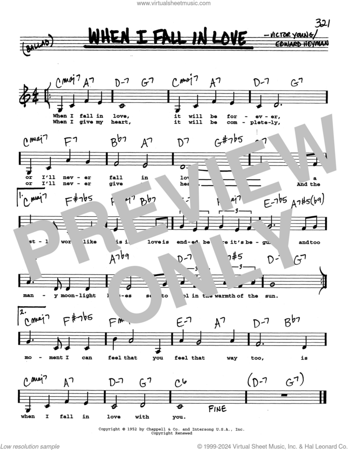 When I Fall In Love (Low Voice) sheet music for voice and other instruments (real book with lyrics) by Victor Young and Edward Heyman, intermediate skill level