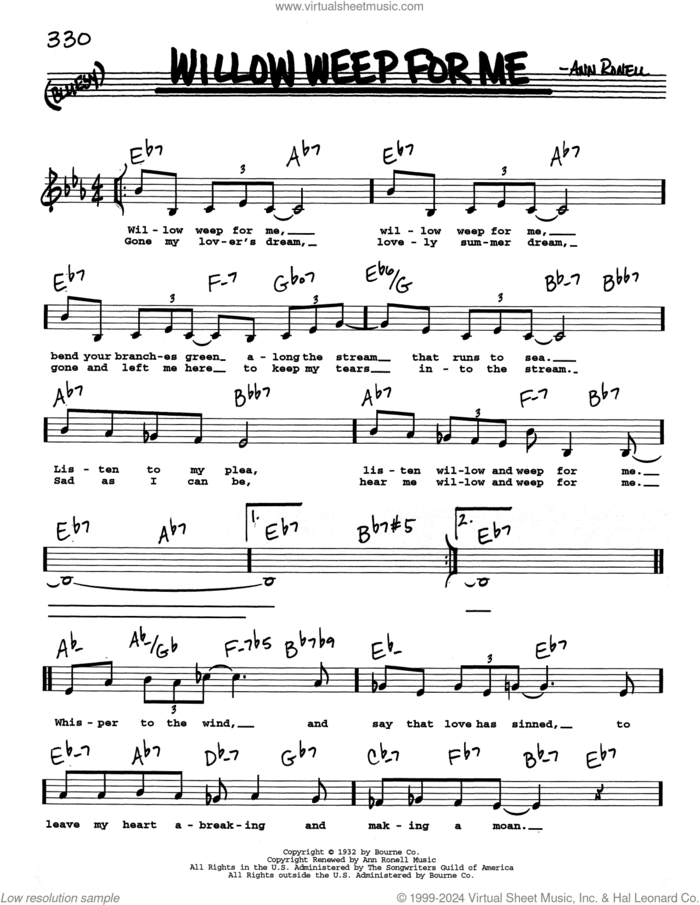 Willow Weep For Me (Low Voice) sheet music for voice and other instruments (real book with lyrics) by Chad & Jeremy and Ann Ronell, intermediate skill level