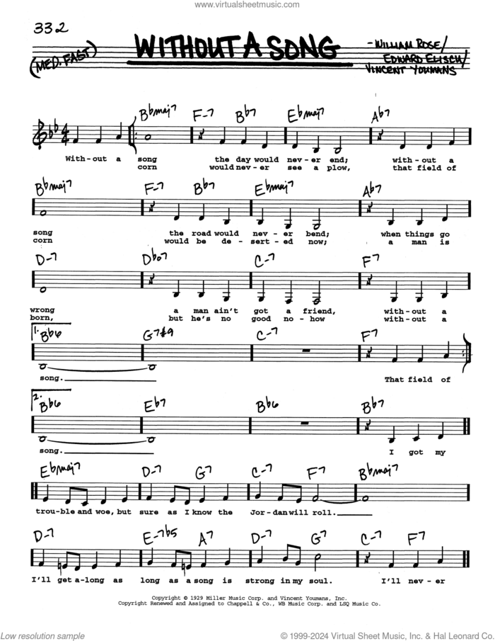 Without A Song (Low Voice) sheet music for voice and other instruments (real book with lyrics) by Vincent Youmans, Billy Rose and Edward Eliscu, intermediate skill level
