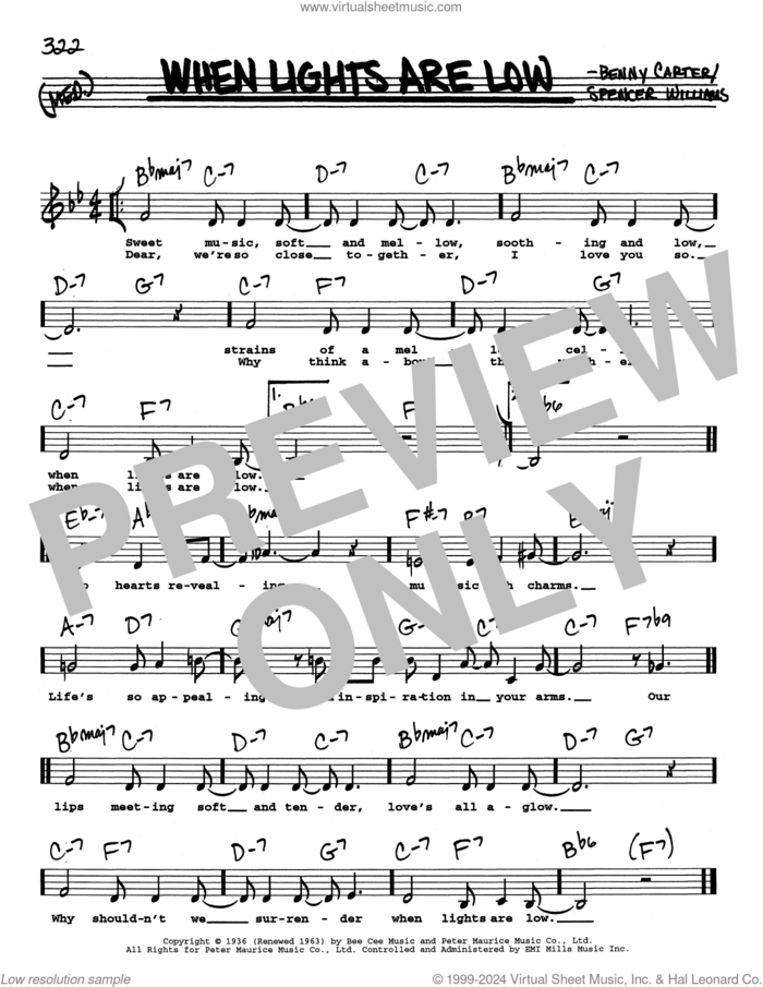 When Lights Are Low (Low Voice) sheet music for voice and other instruments (real book with lyrics) by Spencer Williams and Benny Carter, intermediate skill level