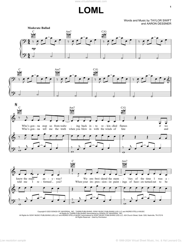 Loml sheet music for voice, piano or guitar by Taylor Swift and Aaron Dessner, intermediate skill level