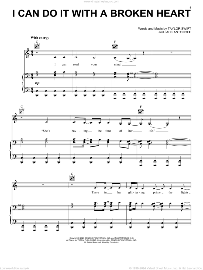 I Can Do It with a Broken Heart sheet music for voice, piano or guitar by Taylor Swift and Jack Antonoff, intermediate skill level