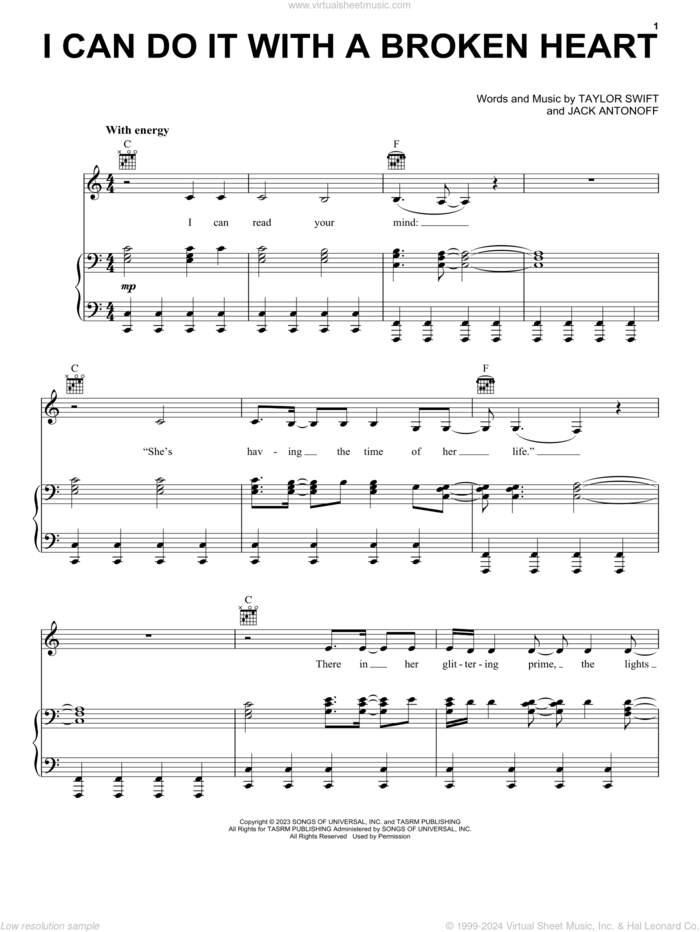 I Can Do It with a Broken Heart sheet music for voice, piano or guitar by Taylor Swift and Jack Antonoff, intermediate skill level