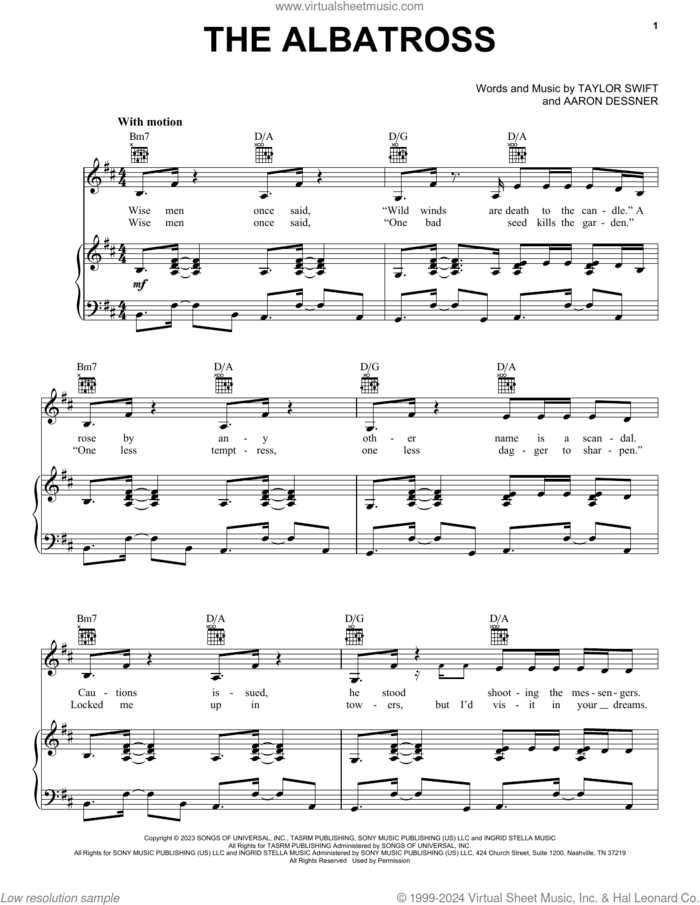 The Albatross sheet music for voice, piano or guitar by Taylor Swift and Aaron Dessner, intermediate skill level