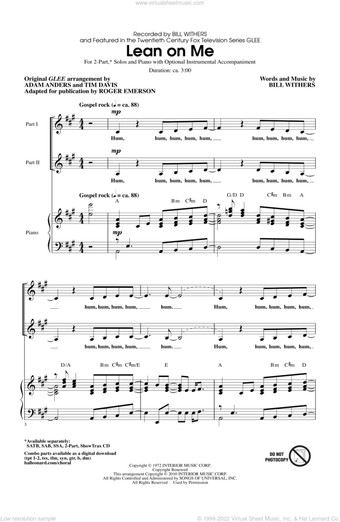 Lean On Me (ed. Roger Emerson) sheet music for choir (2-Part) by Bill Withers, Adam Anders, Glee Cast, Miscellaneous, Roger Emerson and Tim Davis, intermediate duet
