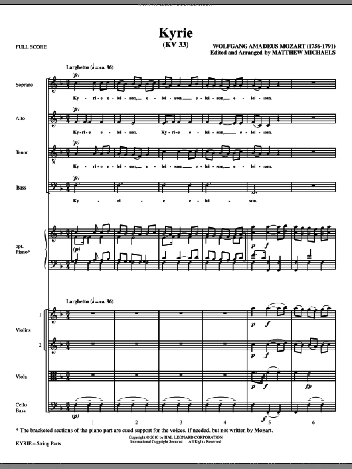 Kyrie (KV33) (COMPLETE) sheet music for orchestra/band (Strings) by Wolfgang Amadeus Mozart and Matthew Michaels, classical score, intermediate skill level