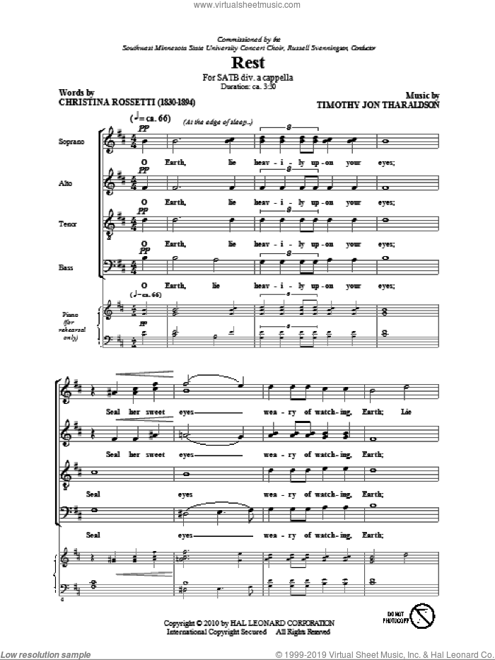 Rest sheet music for choir (SATB: soprano, alto, tenor, bass) by Christina Rossetti and Timothy Tharaldson, intermediate skill level