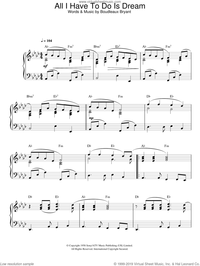 All I Have To Do Is Dream, (intermediate) sheet music for piano solo by Everly Brothers and Boudleaux Bryant, intermediate skill level