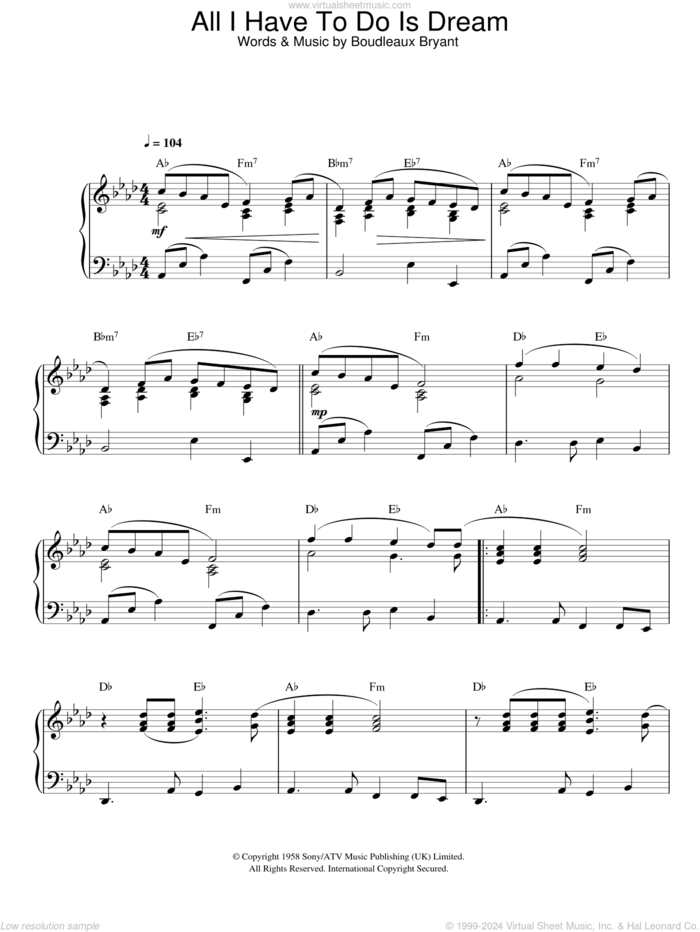 All I Have To Do Is Dream, (intermediate) sheet music for piano solo by Everly Brothers and Boudleaux Bryant, intermediate skill level