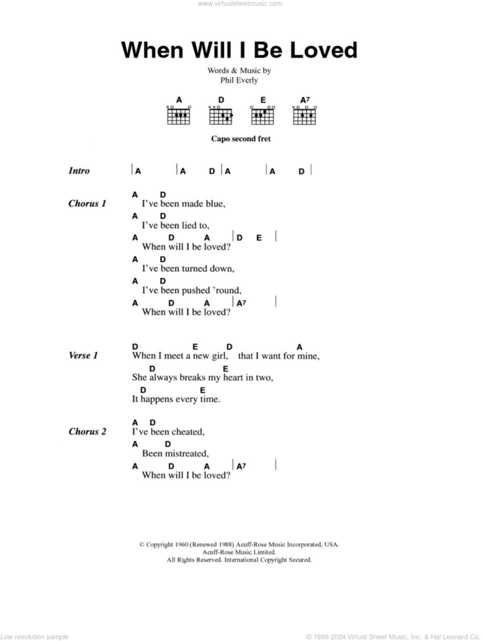 When Will I Be Loved sheet music for guitar (chords) by Everly Brothers, Linda Ronstadt and Phil Everly, intermediate skill level