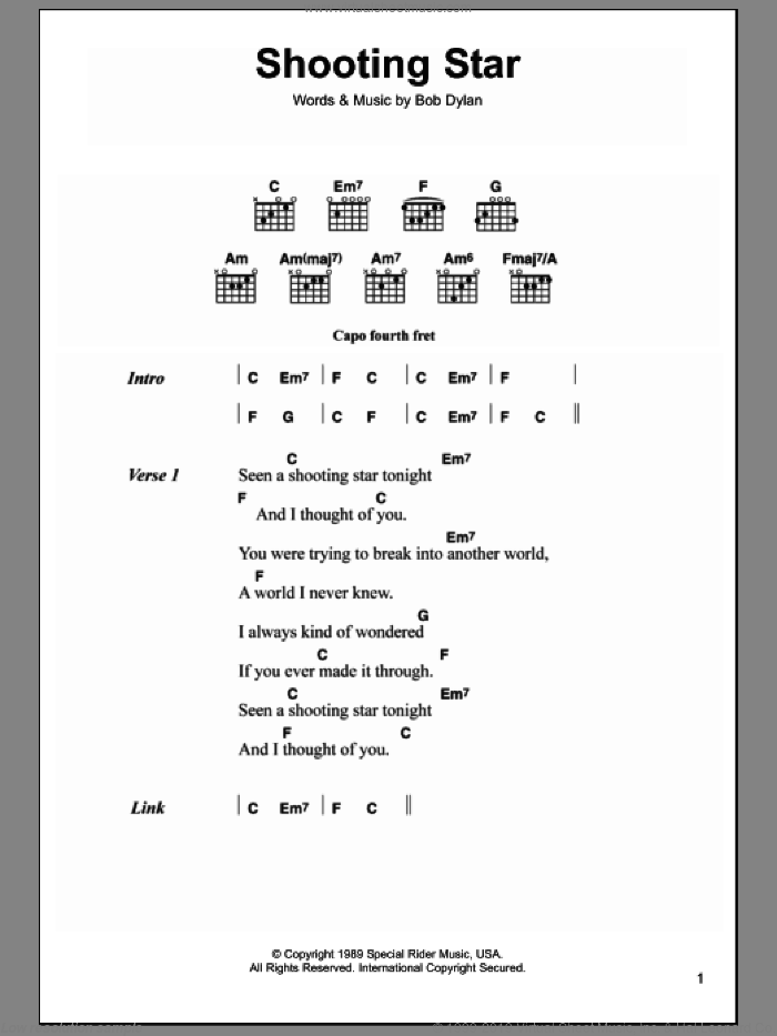 Shooting Star sheet music for guitar (chords) by Bob Dylan, intermediate skill level