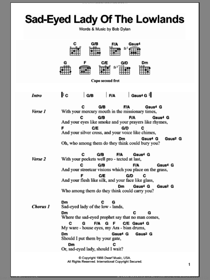 Sad-Eyed Lady Of The Lowlands sheet music for guitar (chords) by Bob Dylan, intermediate skill level