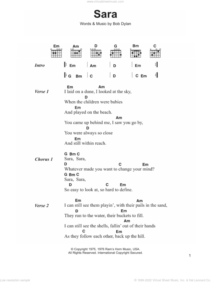 Sara sheet music for guitar (chords) by Bob Dylan, intermediate skill level