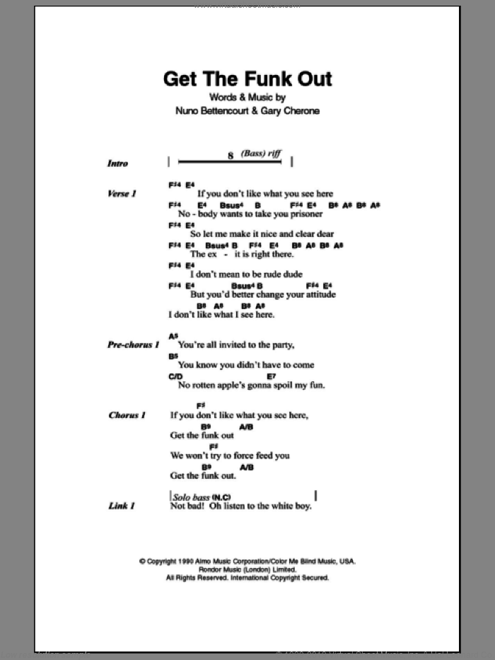 Get The Funk Out sheet music for guitar (chords) by Extreme, Gary Cherone and Nuno Bettencourt, intermediate skill level