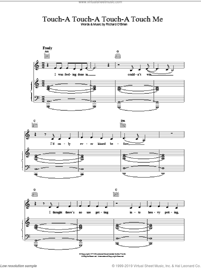 Touch-A, Touch-A, Touch-A, Touch Me sheet music for voice, piano or guitar by Richard O'Brien and The Rocky Horror Picture Show, intermediate skill level
