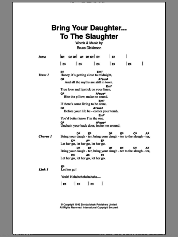 Bring Your Daughter To The Slaughter sheet music for guitar (chords) by Iron Maiden and Bruce Dickinson, intermediate skill level