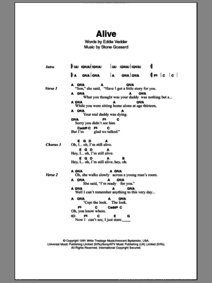 Alive sheet music for guitar (chords) by Pearl Jam, Eddie Vedder and Stone Gossard, intermediate skill level
