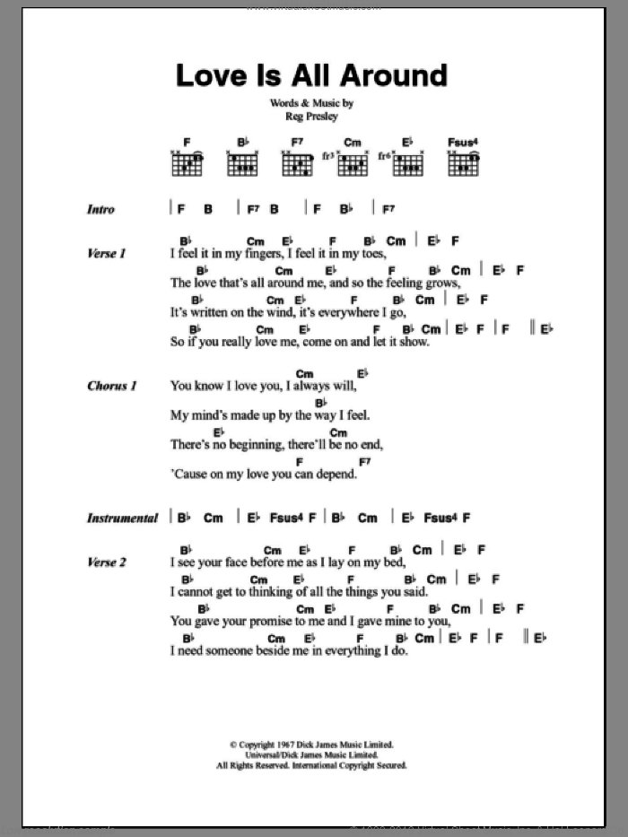 Love Is All Around sheet music for guitar (chords) by The Troggs, Wet Wet Wet and Reg Presley, intermediate skill level