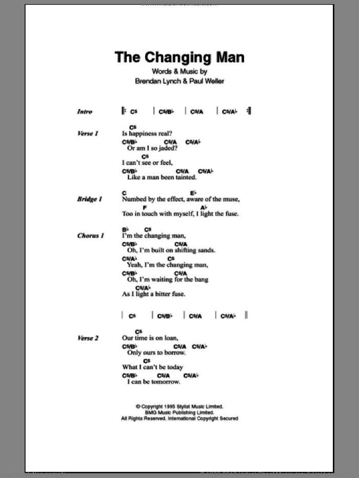 The Changingman sheet music for guitar (chords) by Paul Weller and Brendan Lynch, intermediate skill level