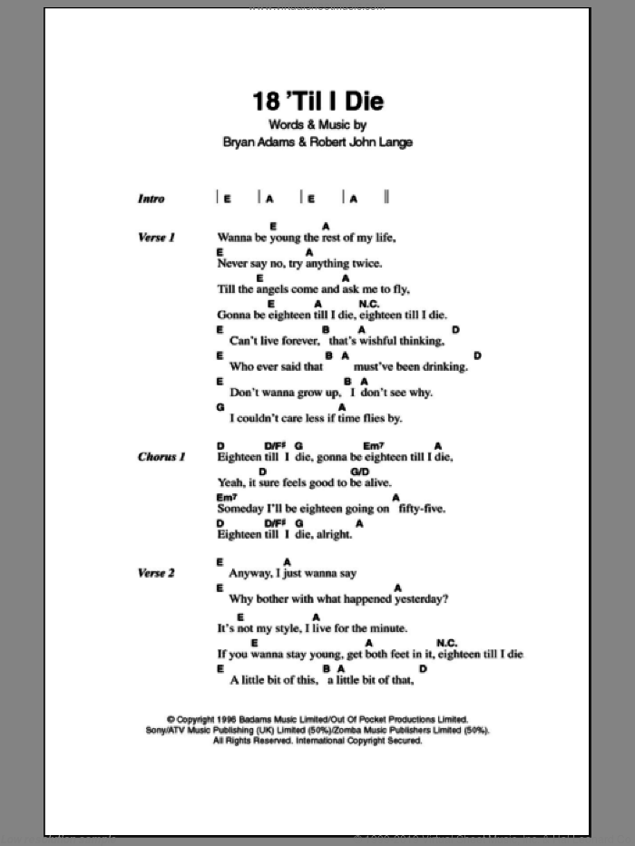18 'Til I Die sheet music for guitar (chords) by Bryan Adams and Robert John Lange, intermediate skill level