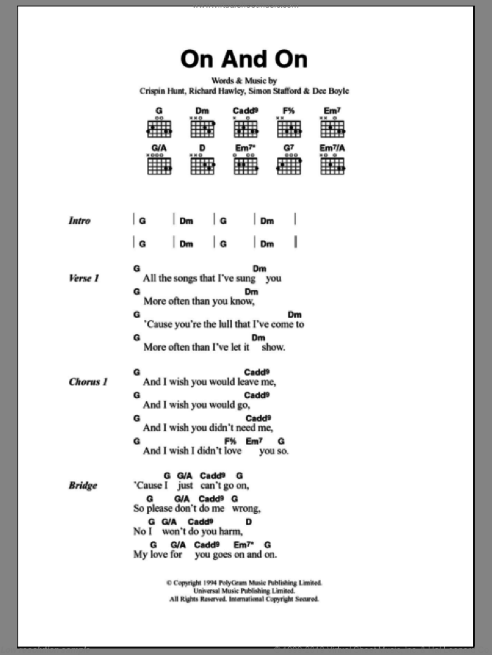 On And On sheet music for guitar (chords) by Richard Hawley, Longpigs, Crispin Hunt, Dee Boyle and Simon Stafford, intermediate skill level