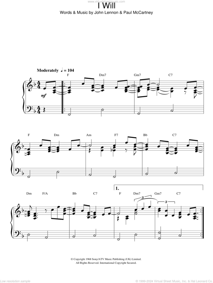 I Will sheet music for piano solo by The Beatles, Paul McCartney and John Lennon, wedding score, intermediate skill level