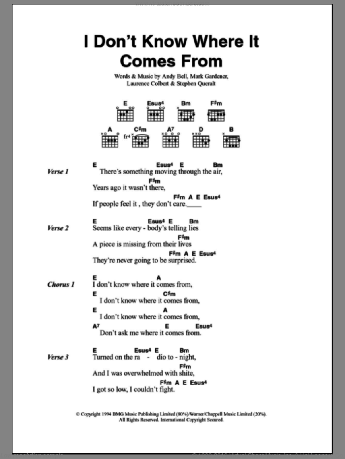 I Don't Know Where It Comes From sheet music for guitar (chords) by Ride, Skunk Anansie, Andy Bell, Laurence Colbert, Mark Gardener and Stephen Queralt, intermediate skill level