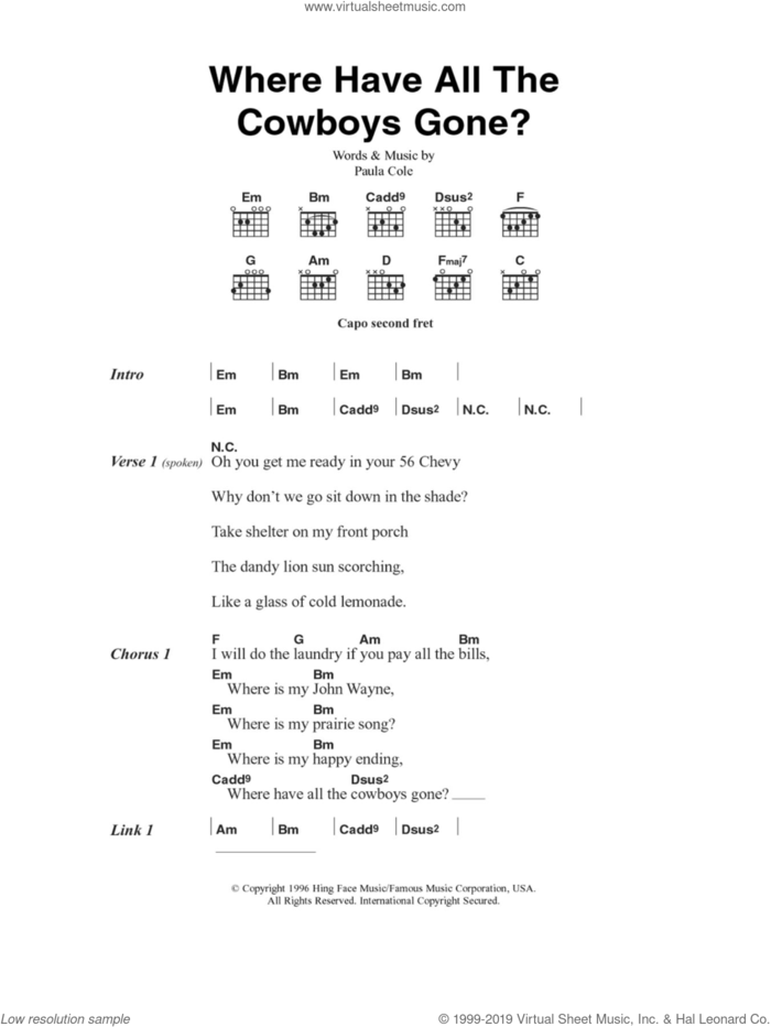 Where Have All The Cowboys Gone? sheet music for guitar (chords) by Paula Cole, intermediate skill level
