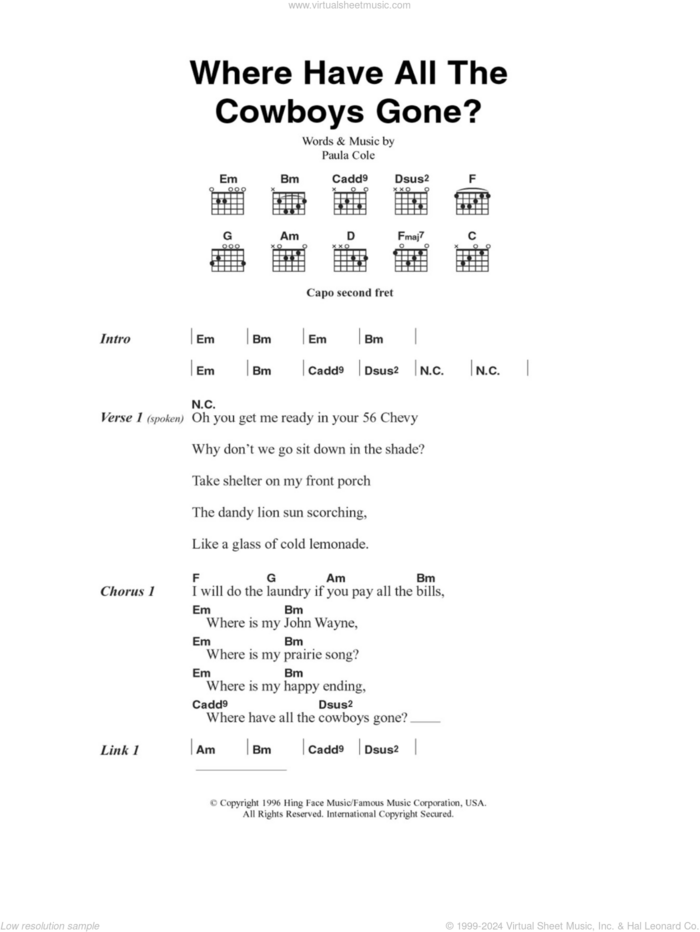 Where Have All The Cowboys Gone? sheet music for guitar (chords) by Paula Cole, intermediate skill level