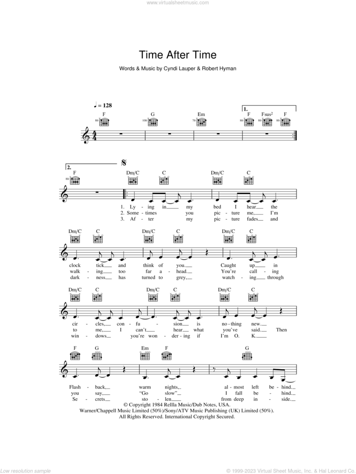 Time After Time sheet music for voice and other instruments (fake book) by Cyndi Lauper and Rob Hyman, intermediate skill level