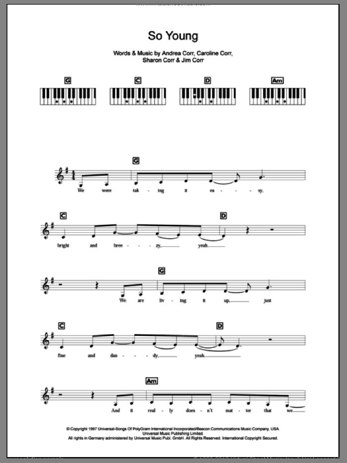 So Young sheet music for piano solo (chords, lyrics, melody) by The Corrs, Andrea Corr, Caroline Corr, Jim Corr and Sharon Corr, intermediate piano (chords, lyrics, melody)