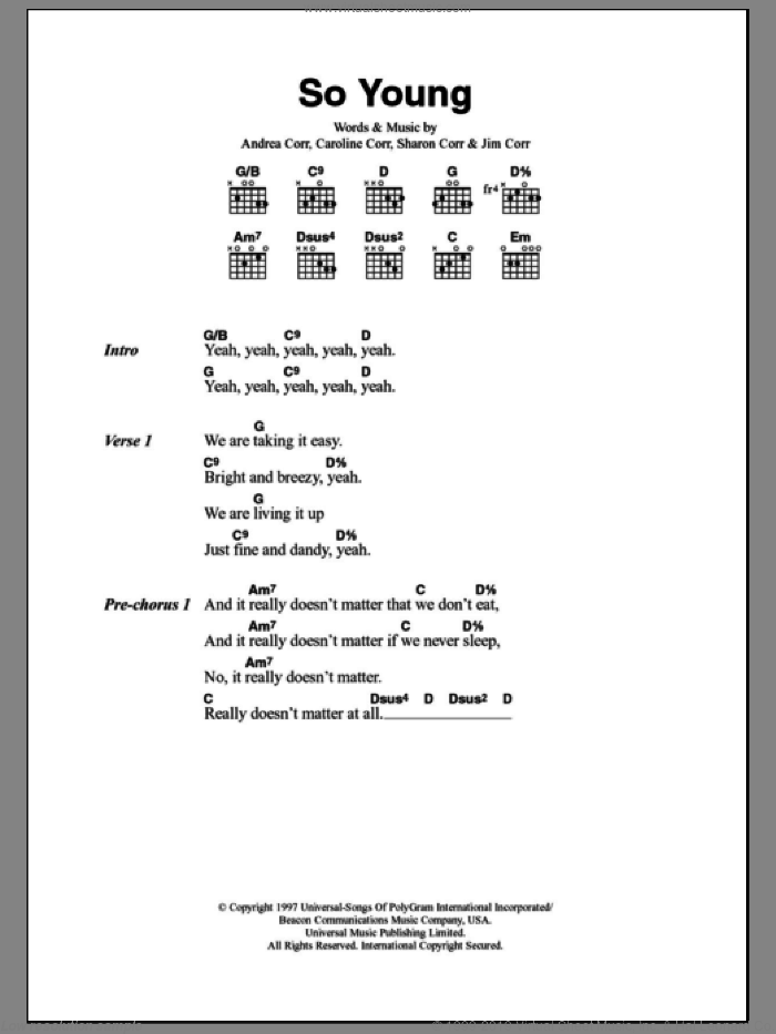 So Young sheet music for guitar (chords) by The Corrs, Andrea Corr, Caroline Corr, Jim Corr and Sharon Corr, intermediate skill level