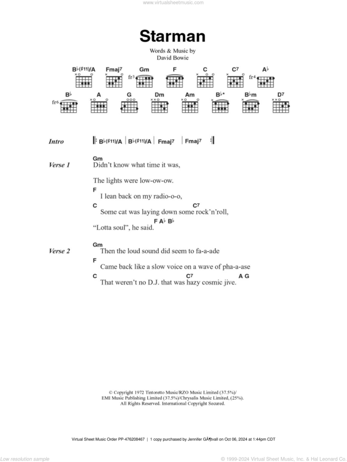 Starman sheet music for guitar (chords) by David Bowie, intermediate skill level