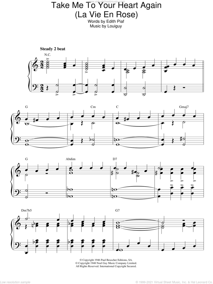 Take Me To Your Heart Again (La Vie En Rose) sheet music for piano solo by Edith Piaf and Marcel Louiguy, intermediate skill level