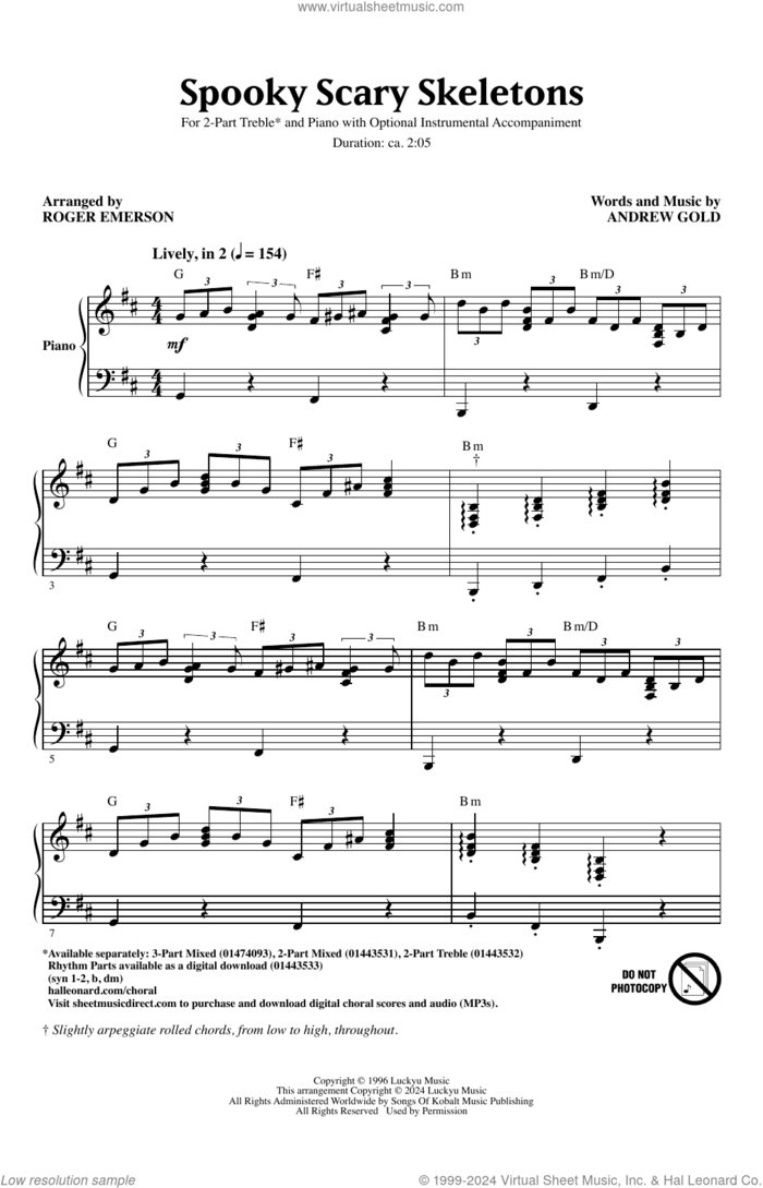 Spooky Scary Skeletons (arr. Roger Emerson) sheet music for choir (2-Part Treble) by Andrew Gold and Roger Emerson, intermediate skill level