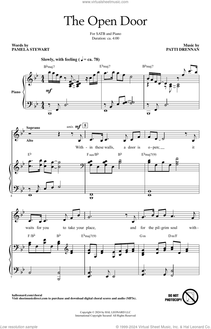The Open Door sheet music for choir (SATB: soprano, alto, tenor, bass) by Patti Drennan and Pamela Stewart, intermediate skill level