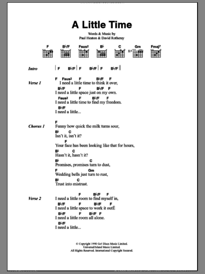 A Little Time sheet music for guitar (chords) by The Beautiful South, David Rotheray and Paul Heaton, intermediate skill level