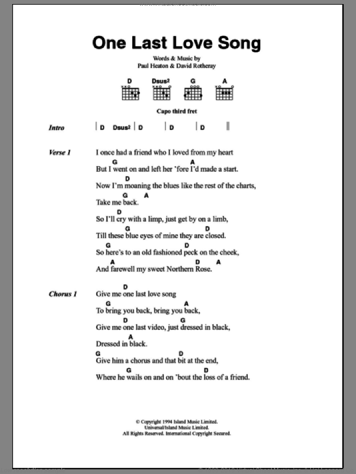 One Last Love Song sheet music for guitar (chords) by The Beautiful South, David Rotheray and Paul Heaton, intermediate skill level