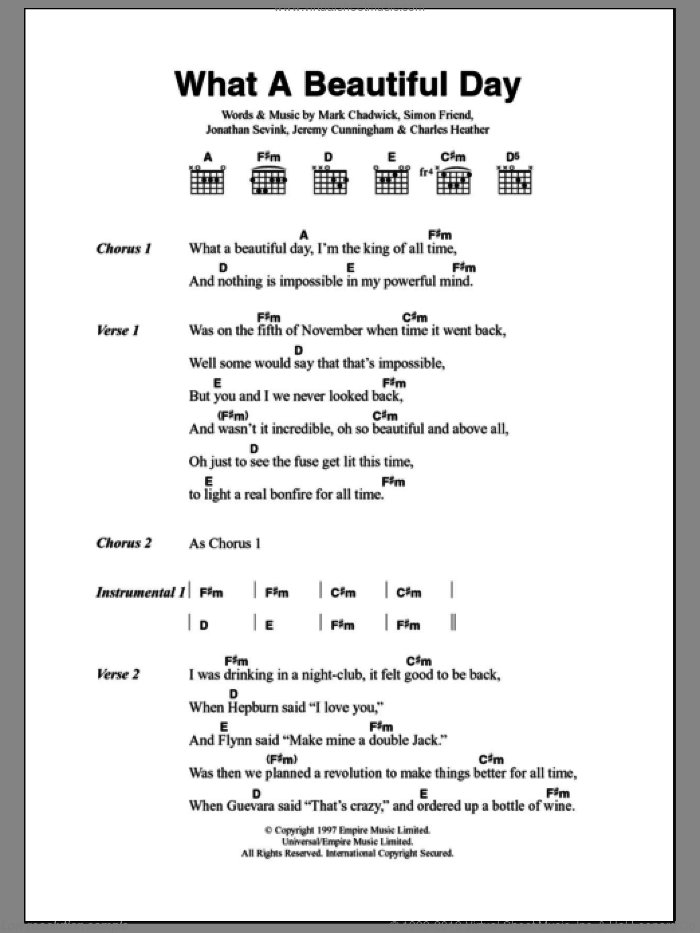 What A Beautiful Day sheet music for guitar (chords) by The Levellers, Charles Heather, Jeremy Cunningham, Jonathan Sevink, Mark Chadwick and Simon Friend, intermediate skill level