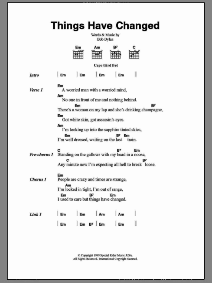 Things Have Changed sheet music for guitar (chords) by Bob Dylan, intermediate skill level