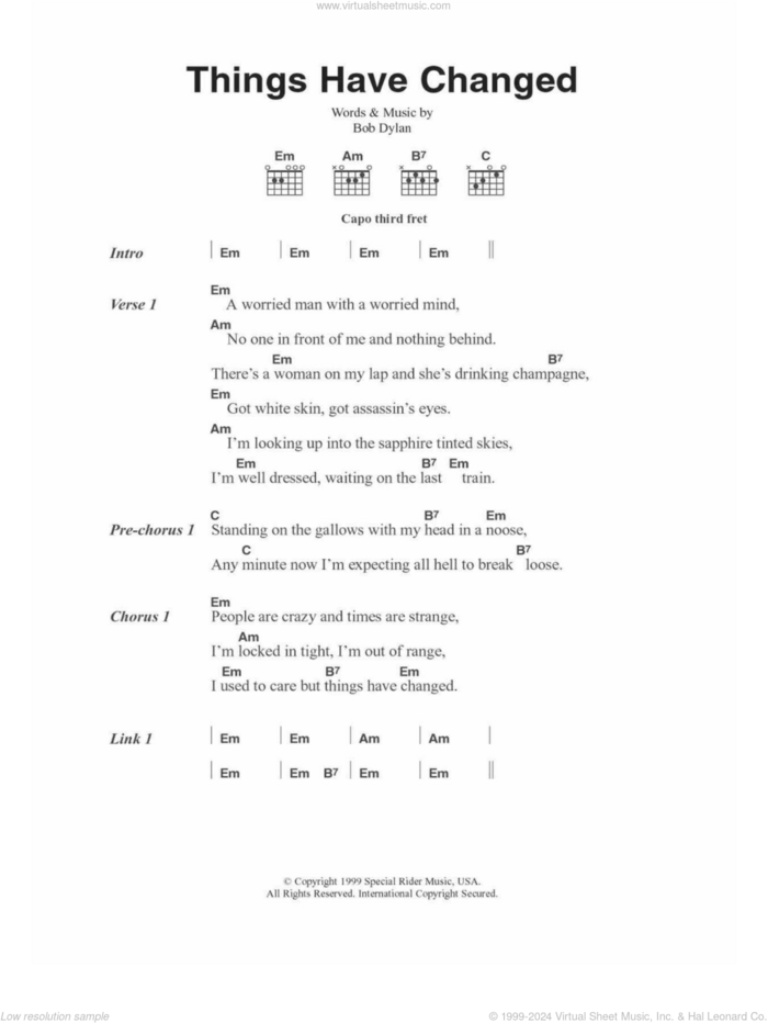 Things Have Changed sheet music for guitar (chords) by Bob Dylan, intermediate skill level