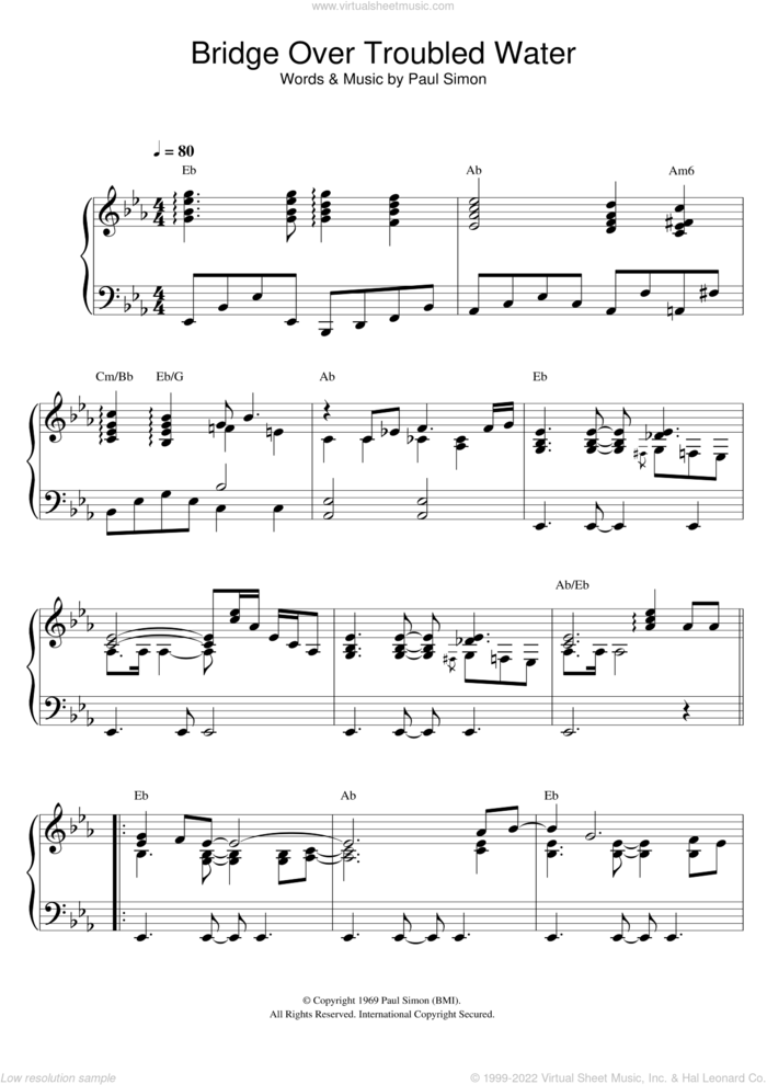 Bridge Over Troubled Water, (intermediate) sheet music for piano solo by Simon & Garfunkel and Paul Simon, wedding score, intermediate skill level