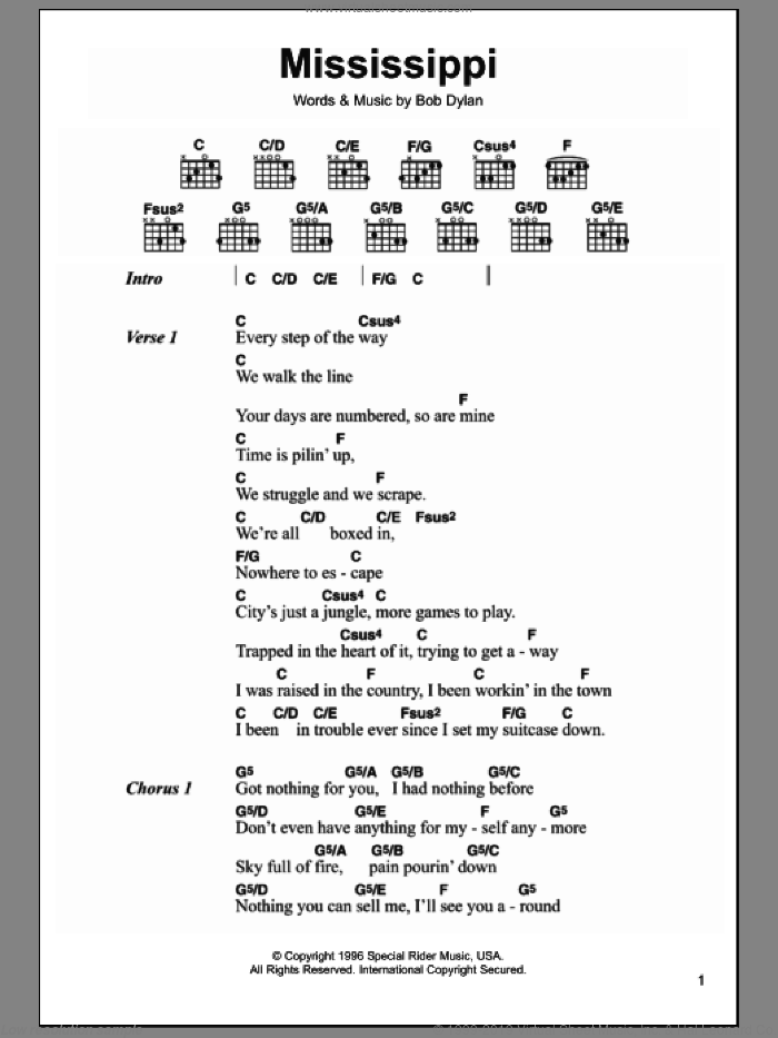 Mississippi sheet music for guitar (chords) by Bob Dylan, intermediate skill level