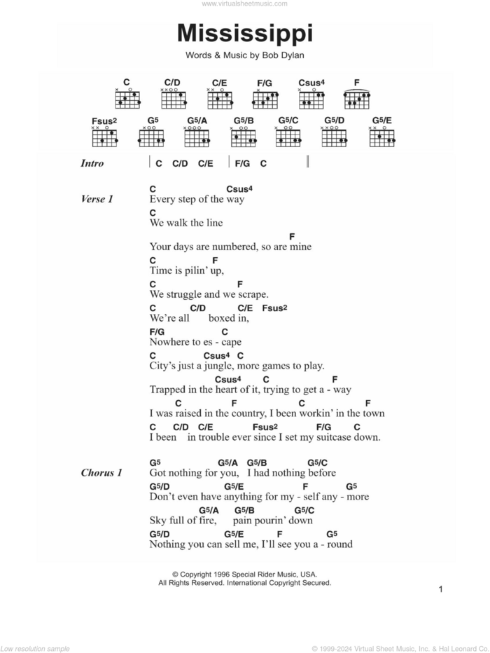 Mississippi sheet music for guitar (chords) by Bob Dylan, intermediate skill level