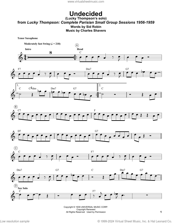 Undecided sheet music for tenor saxophone solo (transcription) by Lucky Thompson, Charles Shavers and Sid Robin, intermediate tenor saxophone (transcription)