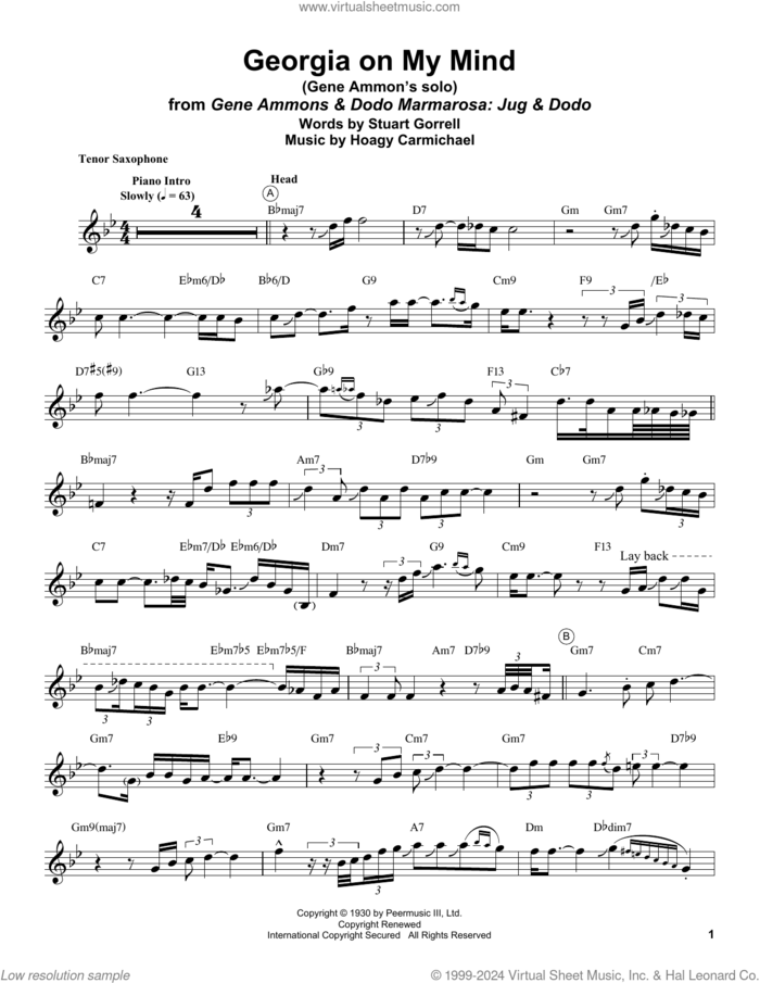 Georgia On My Mind sheet music for tenor saxophone solo (transcription) by Gene Ammons, Hoagy Carmichael and Stuart Gorrell, intermediate tenor saxophone (transcription)