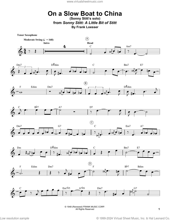 On A Slow Boat To China sheet music for tenor saxophone solo (transcription) by Sonny Stitt and Frank Loesser, intermediate tenor saxophone (transcription)